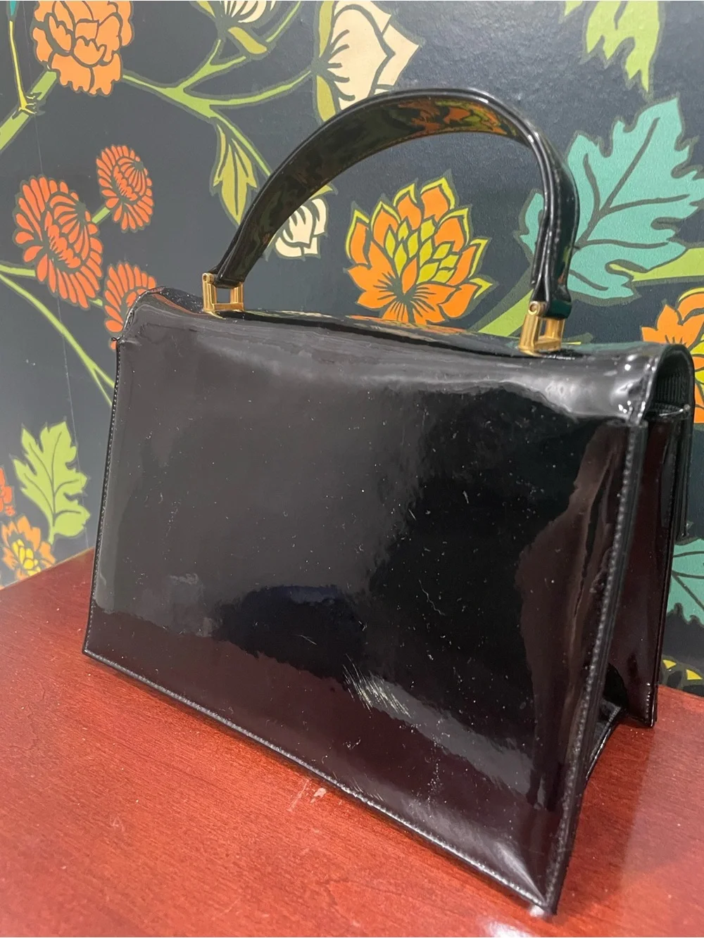 Vintage Bienen-Davis Black Patent Leather Top Handle Handbag with mirror